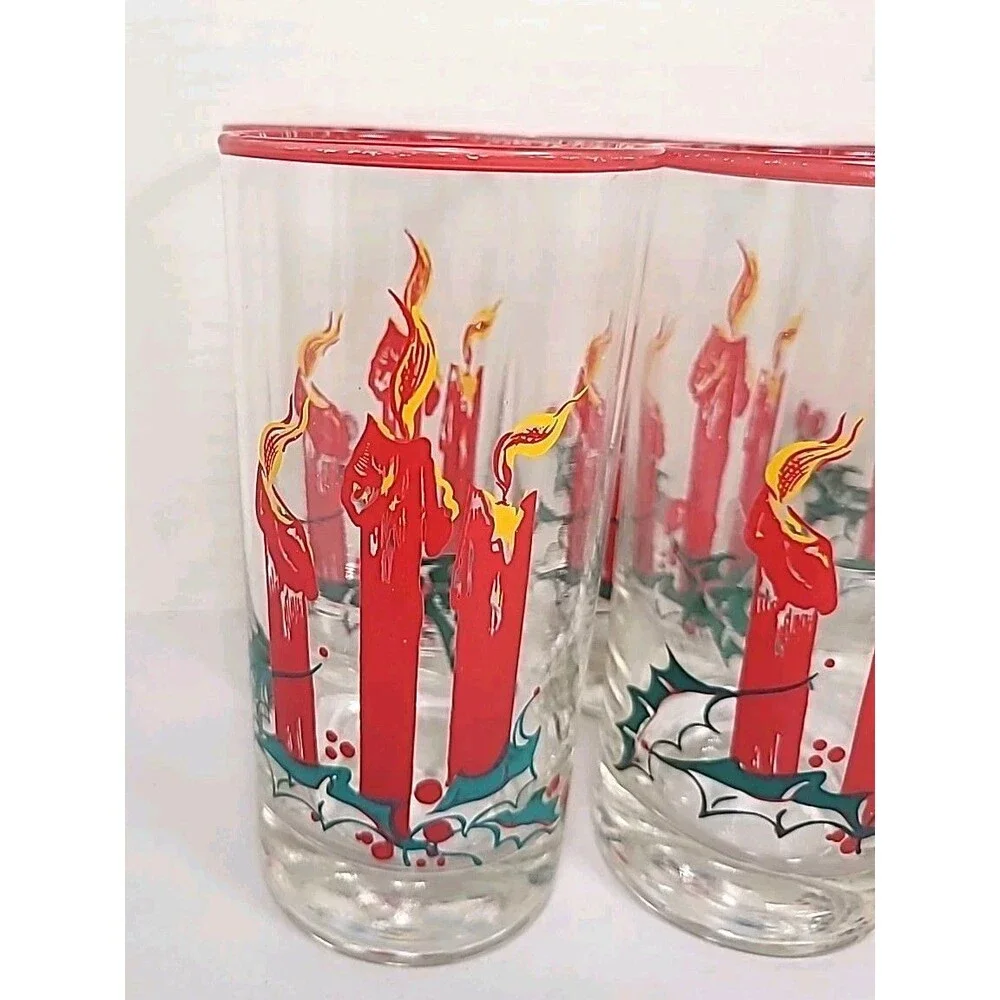 Vtg Christmas Federal Glass 6 Pc Tumblers Red Candles Holly Berry Red Green